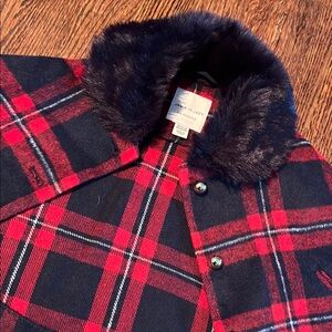 Janie and Jack Red and Black Plaid Cape with Faux Fur Collar